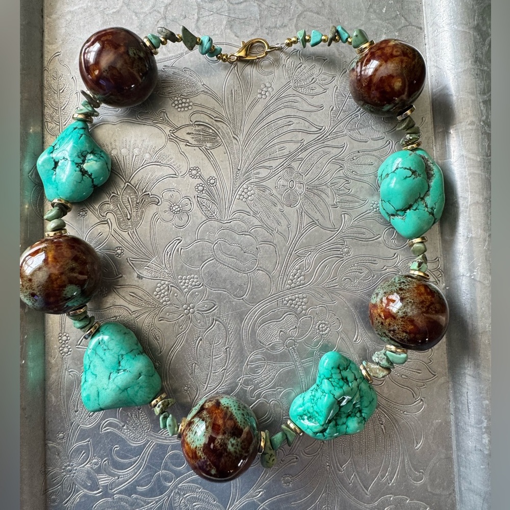 Handmade Turquoise Natural Stone and Ceramic Brown Beaded Necklace - Picture 2 of 7